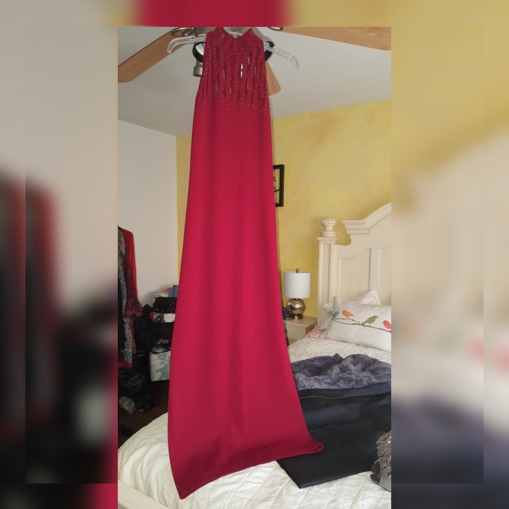 St. John Red Full length halter neck evening dress